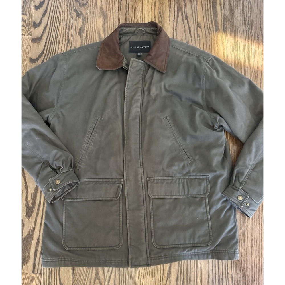 Croft & Barrow Men's M Field Barn Jacket Olive Green Leather Collar Plaid Lined